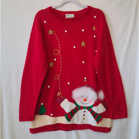 New The Quacker Factory Womens Snowman Holiday Christmas Red Sweater M Maribou - Picture 1 of 9